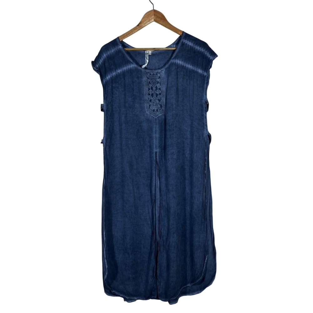 NWT Andree Blue Acid Wash Embroidered Slit Midi Dress Blue Boho Summer Size S
